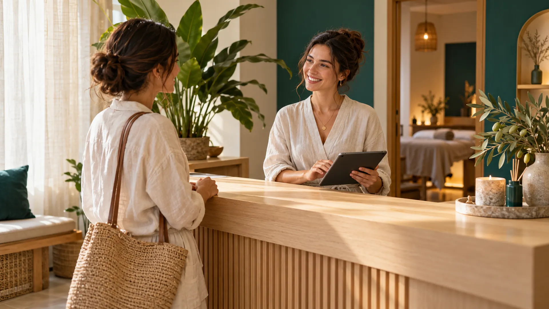 Studio owner welcoming a client at a bright wellness reception